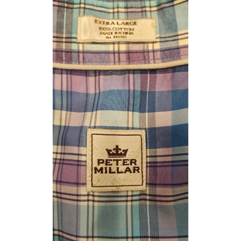 Peter Millar Shirt Mens XL Blue Purple Plaid Button Down Short Sleeve Cotton - Picture 5 of 7